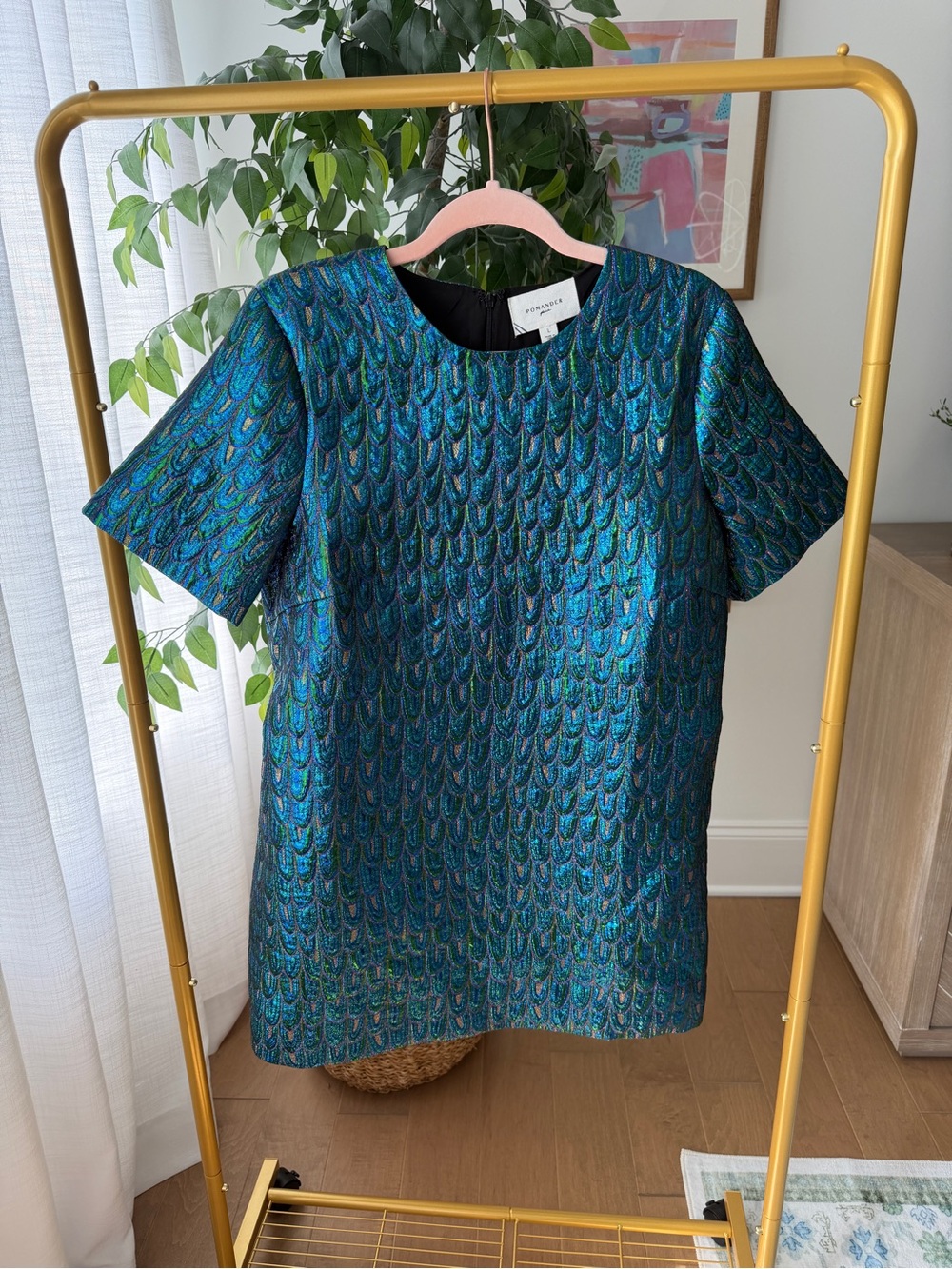 Pomander Place Teal and Blue Jacquard Short Sleeve Dress